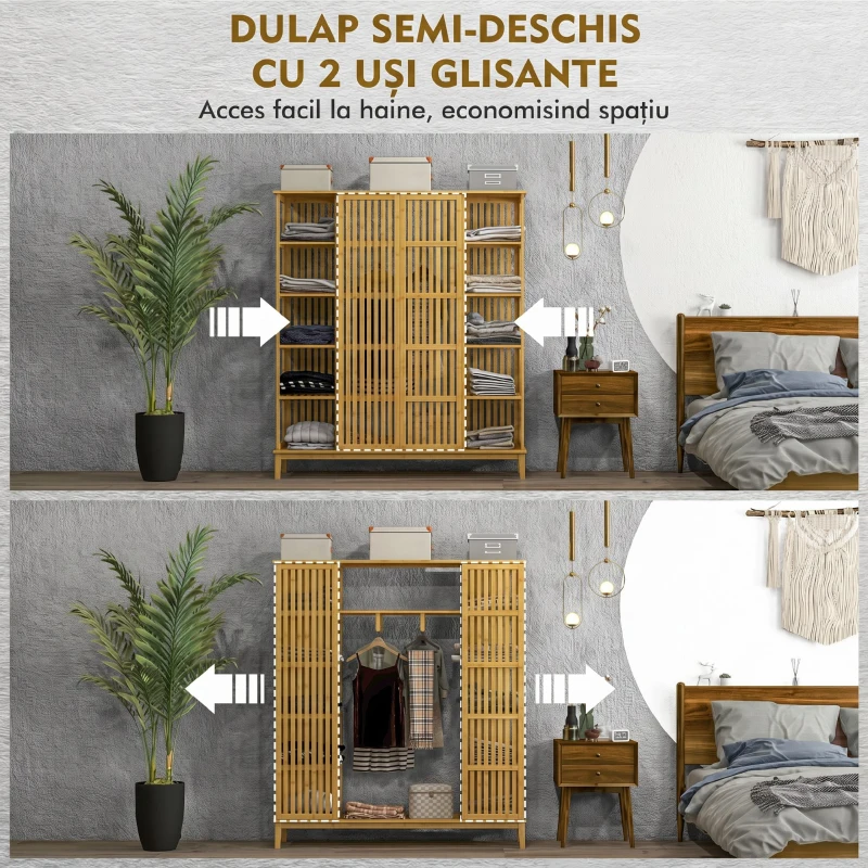 HOMCOM Dulap Deschis din Bambus cu 2 Uși Glisante, Rafturi Deschise și Bară pentru Umerașe, 145x35x165cm
