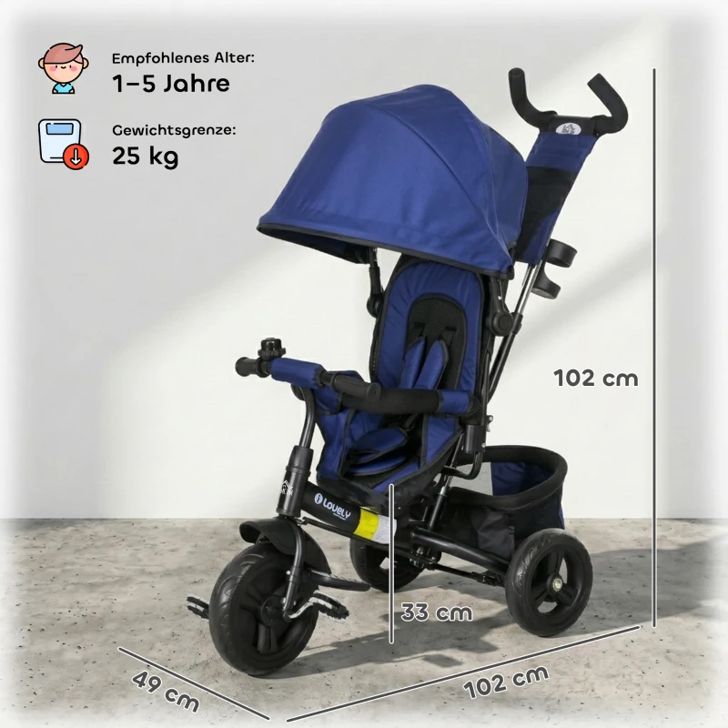 HOMCOM Kinder-Dreirad, Kinderfahrrad, Rückenkorb, Becherhalter, Sonnendach, Metall, Dunkelblau
