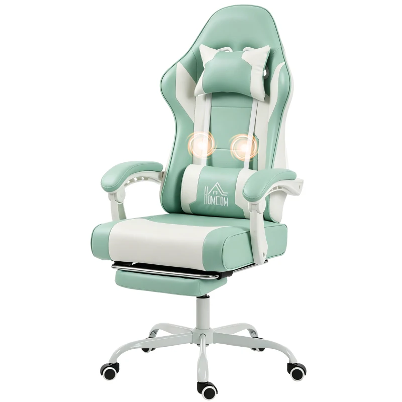 HOMCOM Gamer-Stuhl mit Lendenmassage Vibration Neigbar 155° Höhenverstellbar Kopfstütze und ausziehbare Fußstütze Hellblau