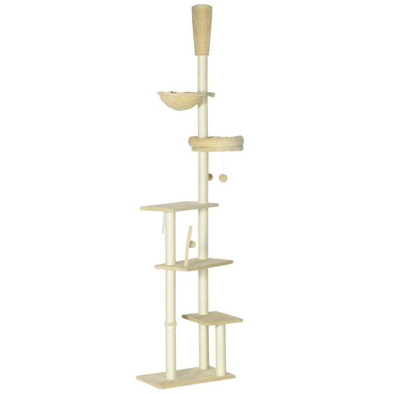 PawHut IE Located Floor to Ceiling Cat Tree, Adjustable Height, Cat Climbing Tower with Carpeted Platforms, Cozy Bed, Hammock, Scratching Posts, Toy Balls, Activity Center for Kittens, Beige