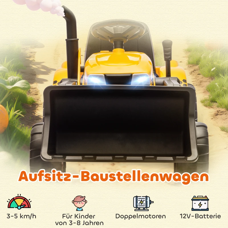 AIYAPLAY Elektrisches Aufsitz-Baufahrzeug, Spielzeugbagger mit Anhänger, 3-8 Jahre, Kunststoff, Stahl, Gelb