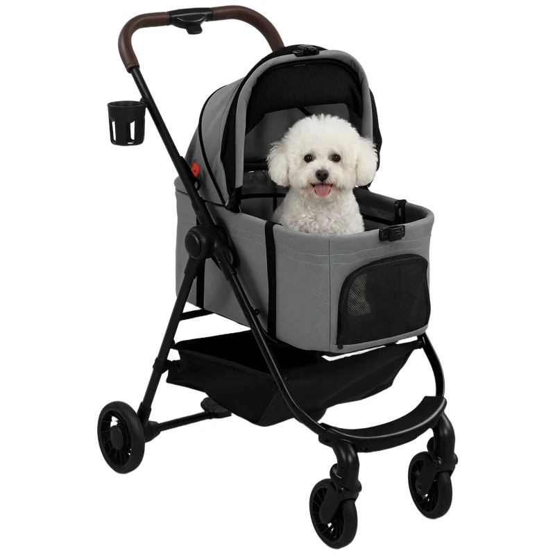 PawHut Dog Stroller, 3 in 1 Foldable Pet Stroller for Small Puppy Cat with Detachable Travel Carrier, Storage Basket, Grey