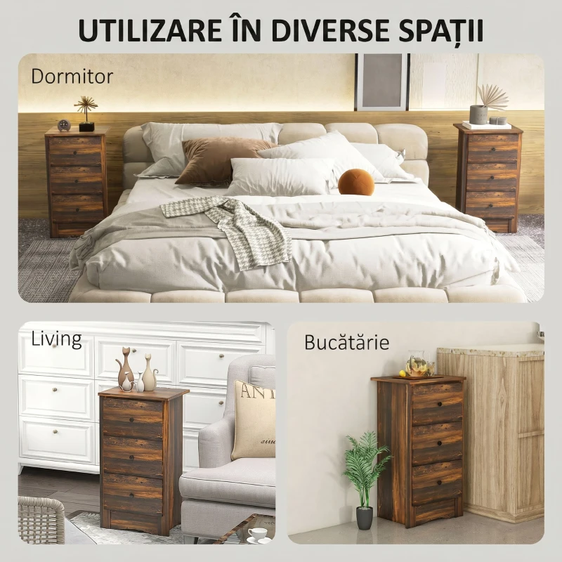 HOMCOM Noptieră cu 3 sertare în stil rustic din lemn, 40x30x74 cm, maro