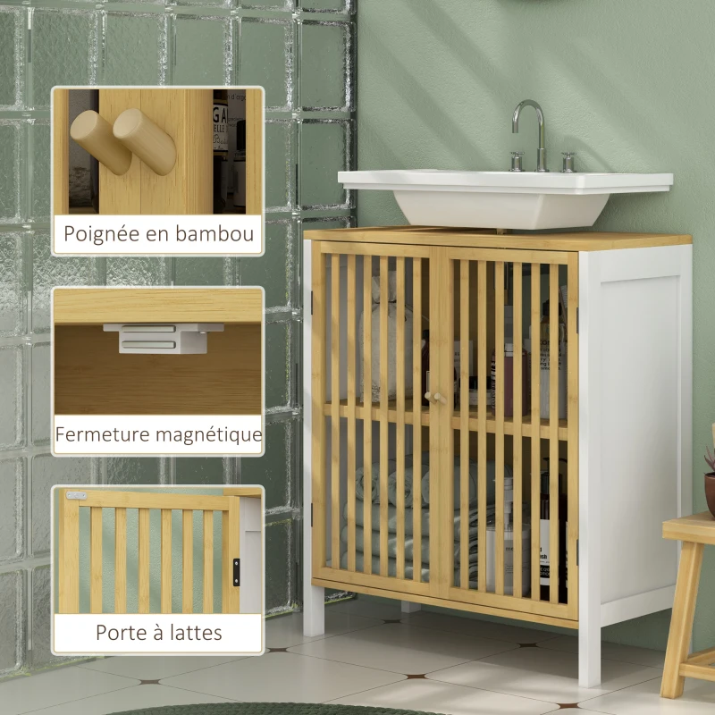 HOMCOM Meuble sous vasque 2 portes avec étagère réglable armoire de rangement pour lavabo 60 x 30 x 70 cm MDF et bambou