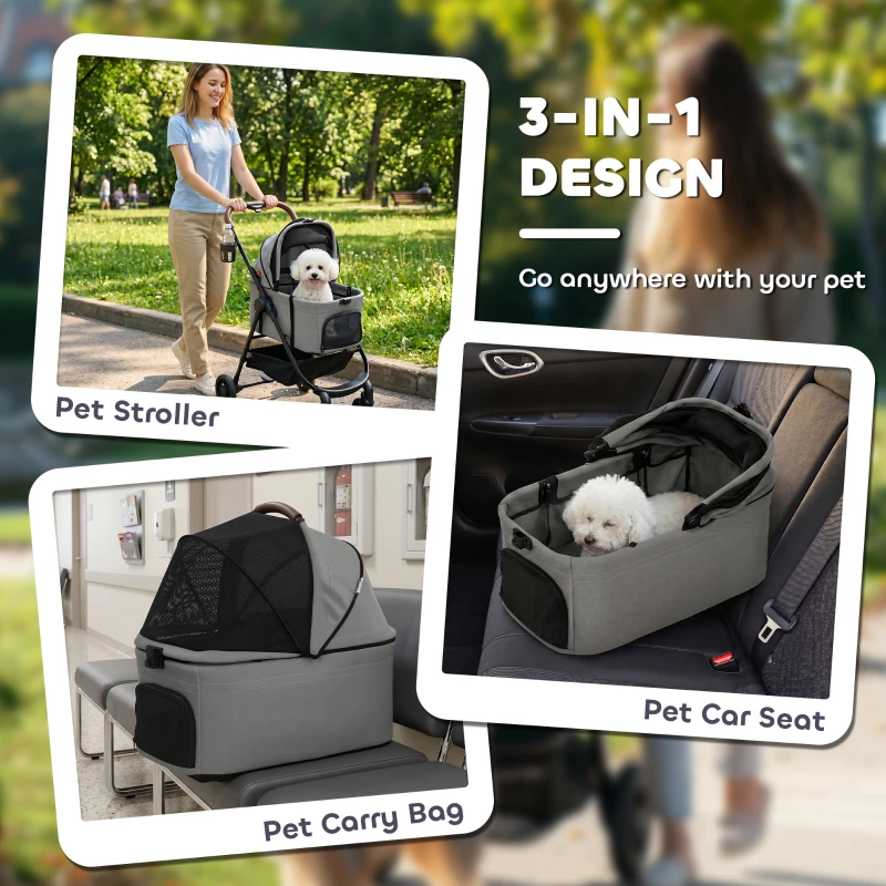 PawHut Dog Stroller, 3 in 1 Foldable Pet Stroller for Small Puppy Cat with Detachable Travel Carrier, Storage Basket, Grey