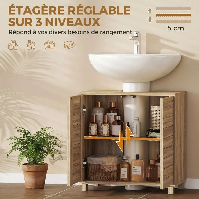 HOMCOM Meuble sous Lavabo, Découpe en Forme U, Portes à Lattes, Étagère Réglable, Ouverture par Pression, 60x30x60cm, Naturel