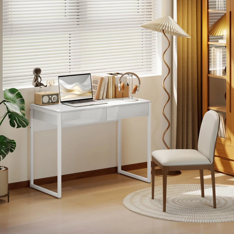 HOMCOM Scrivania Moderna con 2 Cassetti e Gambe in Acciaio, 100x50x75 cm, Bianco Lucido