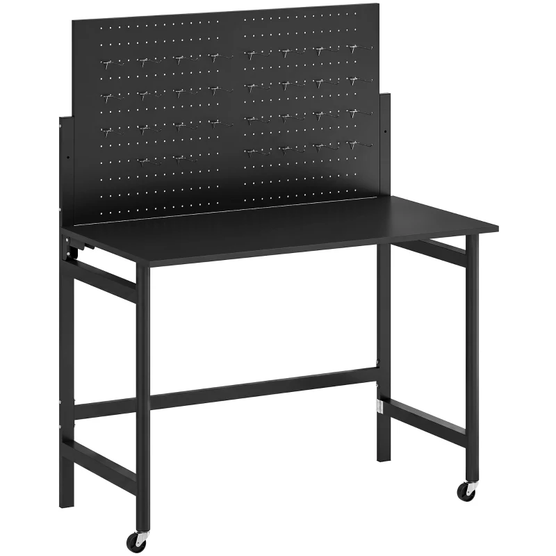 HOMCOM Banco de Trabalho com Painel Perfurado Mesa Dobrável com Rodas Estrutura de Aço Ganchos Preto