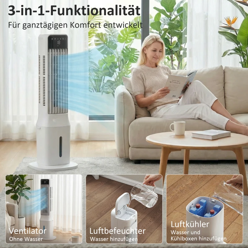 HOMCOM Tragbarer Luftkühler, 3-in-1 Verdunstungs-Luftkühler mit 9-Liter-Wassertank, 48° Oszillation, 3 Geschwindigkeiten, 3 Modi, Weiß