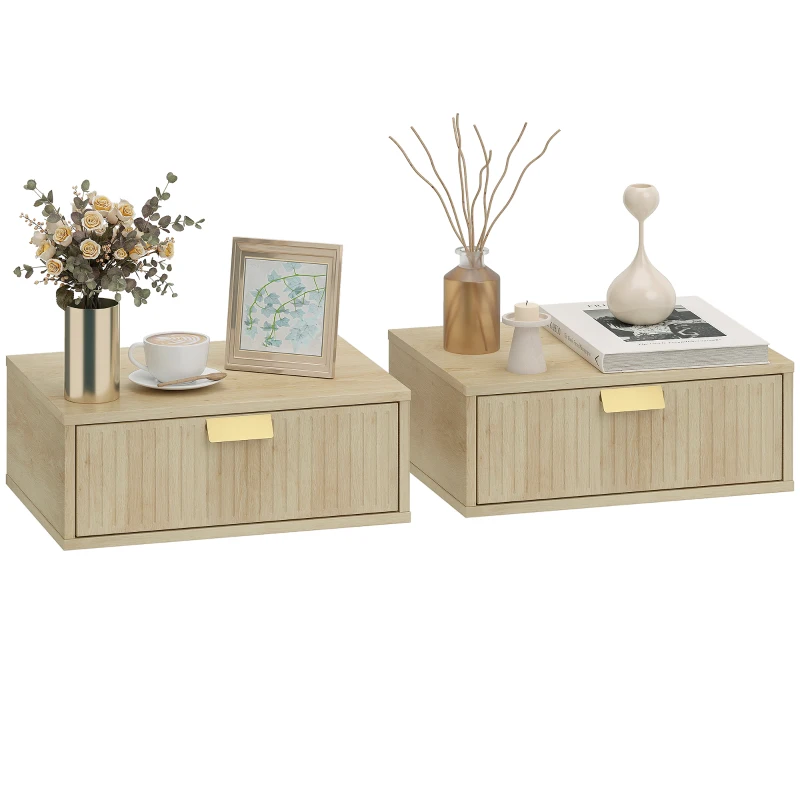 HOMCOM Modern Floating Nightstands Set of 2, Wall Mounted Bedside Tables with Wave Drawer Oak