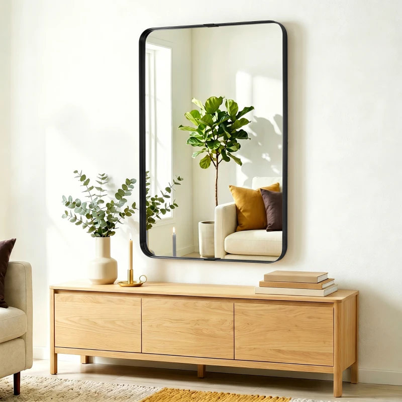 HOMCOM Rectangular Wall Mirror, 90 x 60 cm Wall Mounted Bathroom Mirror with Aluminium Alloy Frame and Tempered Glass, Black