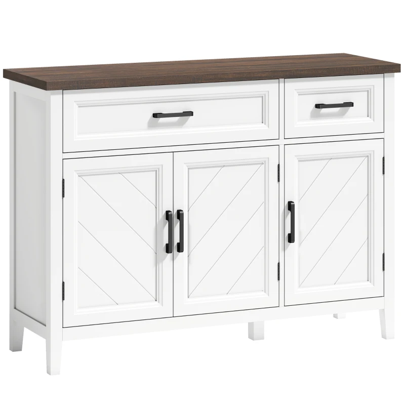 HOMCOM Buffet salon, meuble de rangement avec 3 portes en chevron, 2 tiroirs et 2 étagères réglables, 110 x 35 x 80,5 cm, blanc