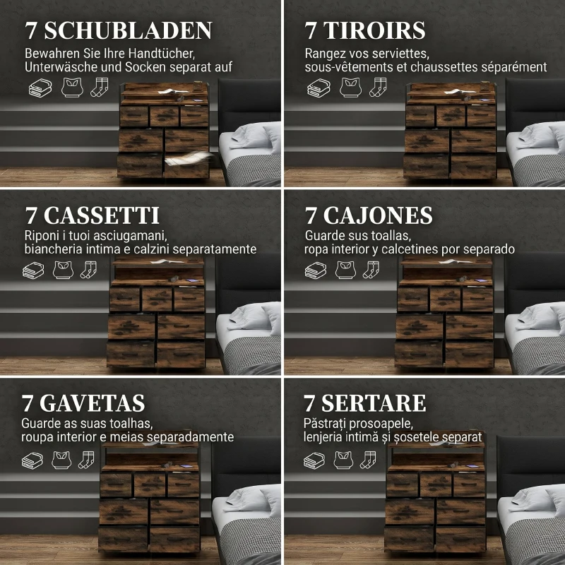 HOMCOM Comodă cu 7 Sertare Detașabile cu 2 Rafturi Industrial din Lemn și Oțel, 79x29x101 cm, Maro și Negru