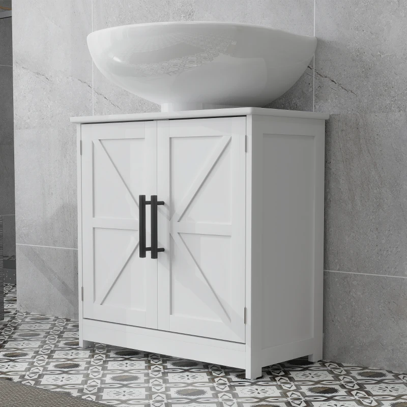 HOMCOM Meuble sous lavabo, meuble de salle de bain avec 2 portes magnétiques style grange et étagères, 60 x 30 x 60 cm, blanc