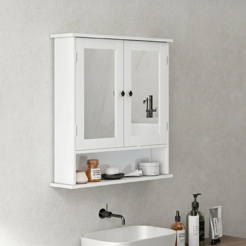 Kleankin Dulap de Baie Suspendat cu 2 Uși cu Oglindă și Raft Deschis, 56x13x58 cm, Alb