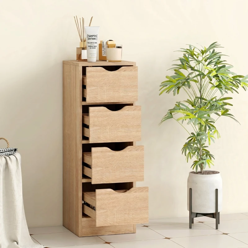 HOMCOM Dulap de Baie Economisitor de Spațiu cu 4 Sertare și Mânere Sculptate Stil Nordico, 29x29x83 cm, Lemn Natural