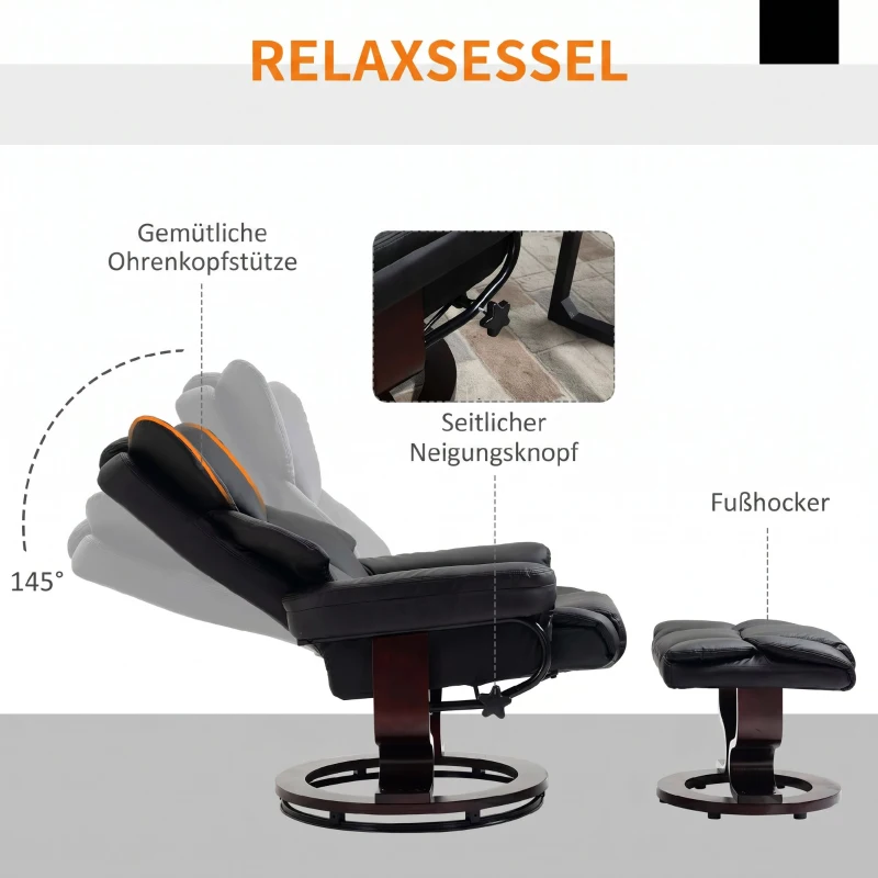 HOMCOM Fotoliu Relax cu Taburet pentru Picioare, Reclinabil la 145° cu Șezut Rotativ, Imitație Piele, Negru