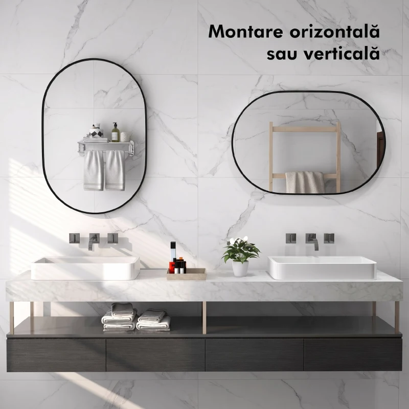 HOMCOM Oglindă de Baie Ovală de Perete cu Ramă din Aluminiu, Verticală sau Orizontală, 60x90cm, Negru
