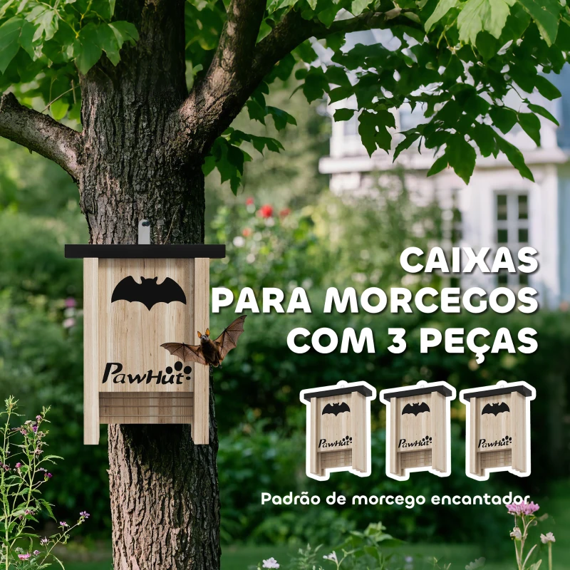 PawHut Conjunto de 3 Refúgios para Morcegos Caixas de Madeira para Exterior, Jardim ou Horta Fácil de Pendurar 18x6x22,5 cm