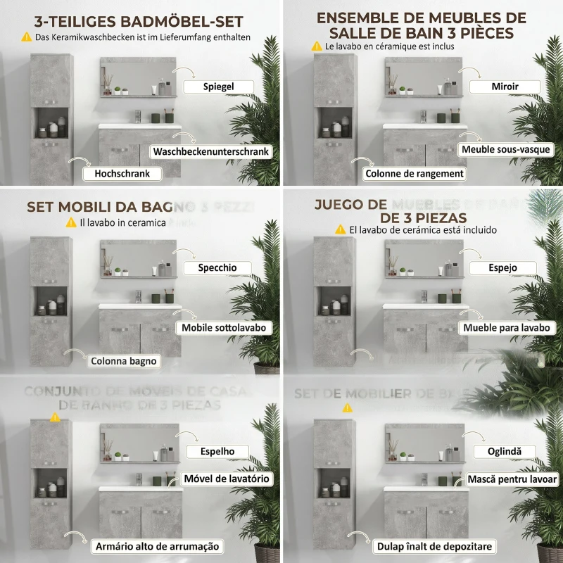 Kleankin Set Mobilier Baie – 3 Piese: Oglinda, Chiuveta, Dulap Depozitare
