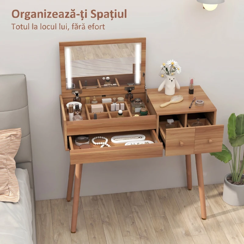 HOMCOM Masă de Toaletă cu Oglindă și Lumini LED, Spațiu de Depozitare din Lemn, 100x40x87 cm