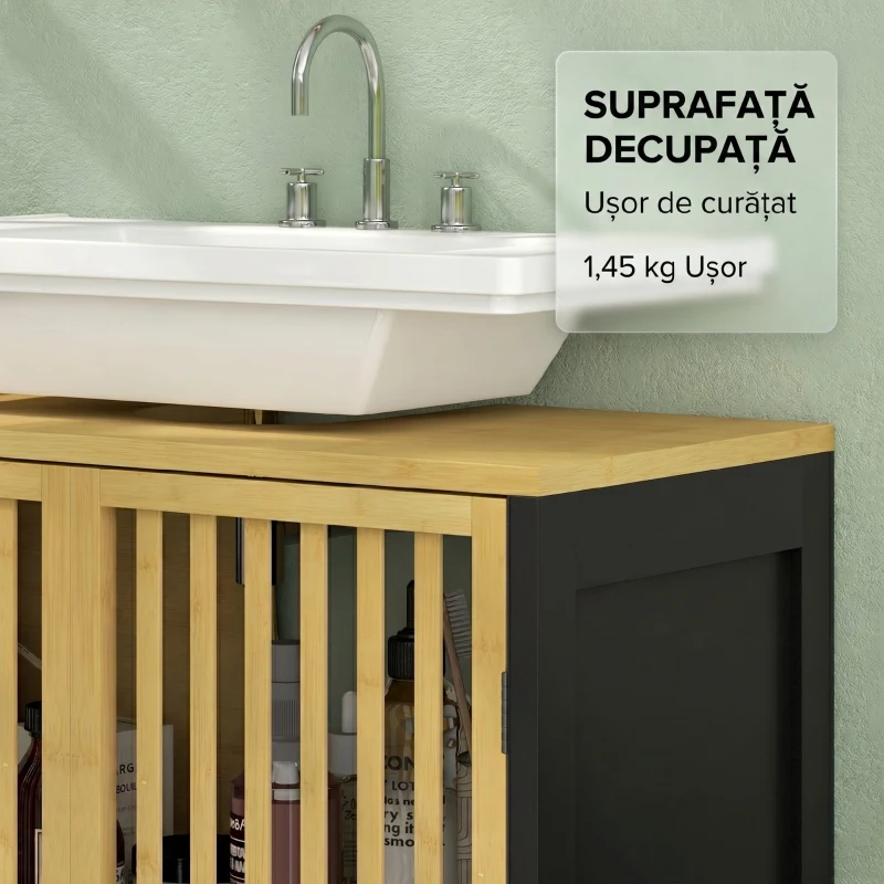HOMCOM Dulap sub Chiuvetă pentru Baie cu 2 Uși Tip Lamele din Lemn de Bambus și MDF cu Decupaj în U, 60x30x70cm(m-8)