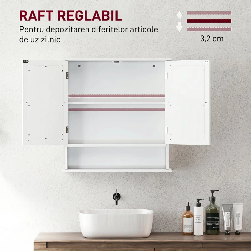 Kleankin Dulap de Baie Suspendat cu 2 Uși cu Oglindă și Raft Deschis, 56x13x58 cm, Alb