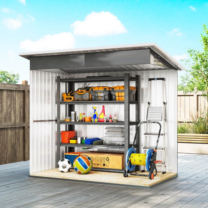 Outsunny Cobertizo de Jardín 2.55m² en Acero Galvanizado, con Kit de Cimentación, Puerta con Cierre, Tejado Inclinado, Gris