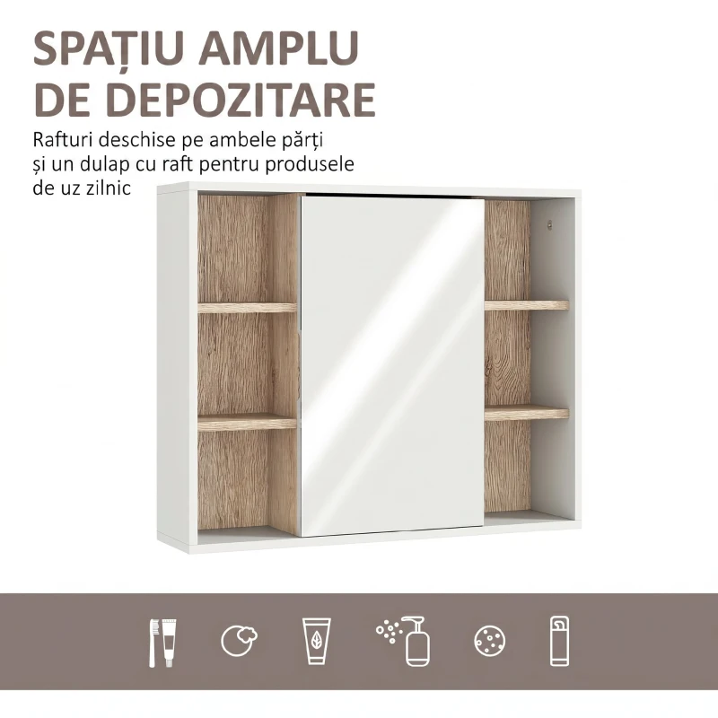 HOMCOM Dulap cu Oglindă din MDF și PAL cu 3 Rafturi Laterale și Raft Reglabil la Interior, 60x14,5x49,4 cm