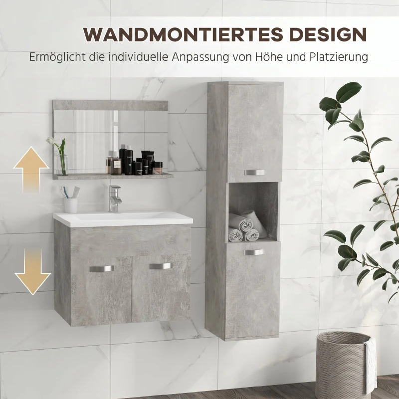 Kleankin Set Mobilier Baie – 3 Piese: Oglinda, Chiuveta, Dulap Depozitare