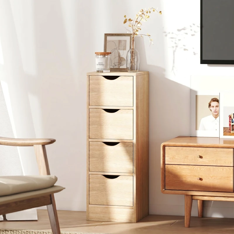 HOMCOM Dulap de Baie Economisitor de Spațiu cu 4 Sertare și Mânere Sculptate Stil Nordico, 29x29x83 cm, Lemn Natural