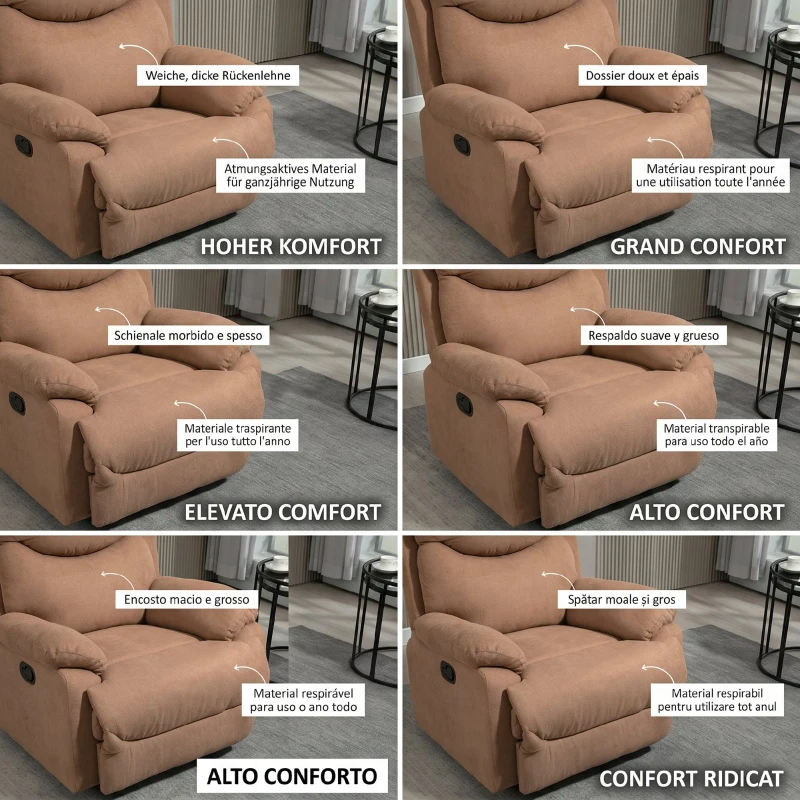 HOMCOM Fotoliu Relax Manual Reclinabil la 150° cu Suport pentru Picioare din Material Textil, 93x88x102cm, Maro Închis