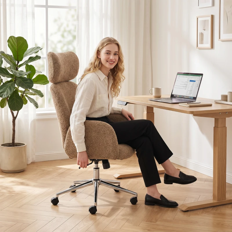 HOMCOM Cadeira de escritório com apoio de cabeça ajustável, cadeira de secretária ergonómica, função de inclinação, regulável em altura, Castanho