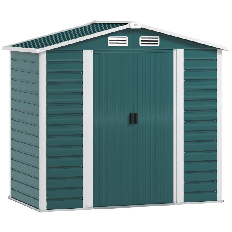 Outsunny Abri de jardin en métal avec portes coulissantes et cadenas avec clés, 2.1x1.2x1.9m, Vert