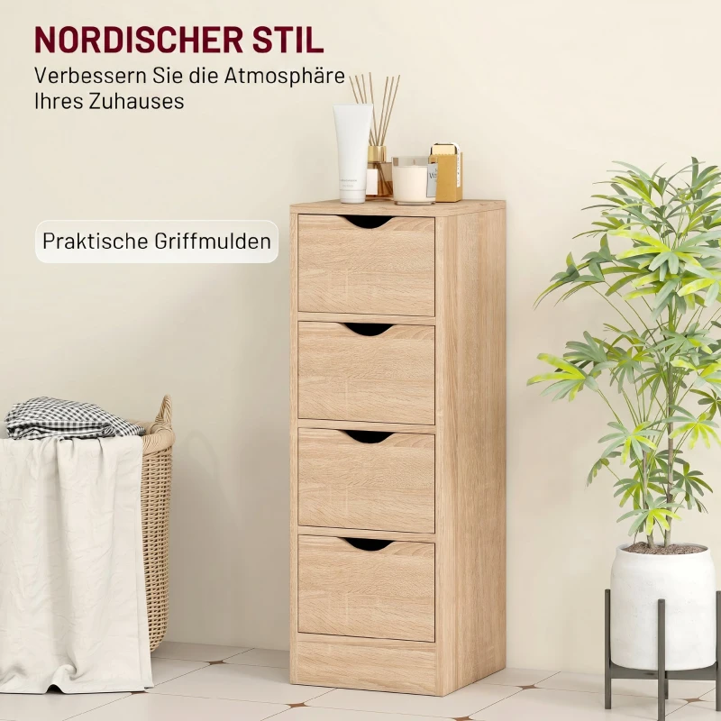 HOMCOM Dulap de Baie Economisitor de Spațiu cu 4 Sertare și Mânere Sculptate Stil Nordico, 29x29x83 cm, Lemn Natural