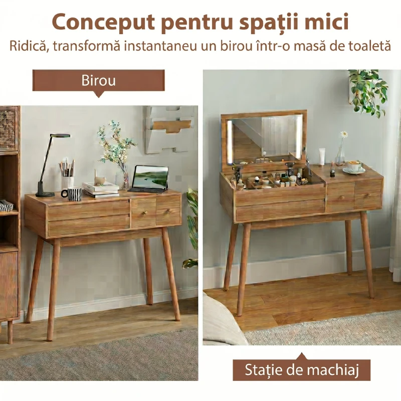 HOMCOM Masă de Toaletă cu Oglindă și Lumini LED, Spațiu de Depozitare din Lemn, 100x40x87 cm
