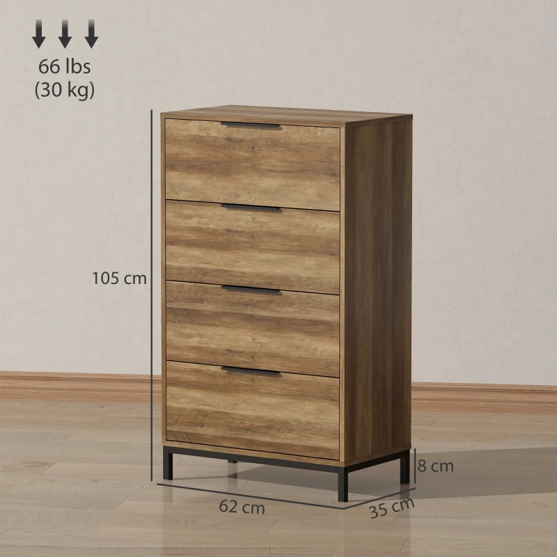 HOMCOM Comodă cu 4 sertare, sistem anti-răsturnare, mânere negre, din lemn și metal, 62x35x105 cm, maro deschis