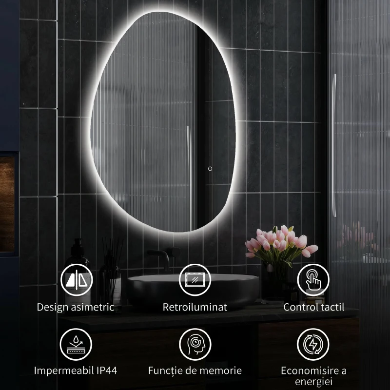 HOMCOM Oglindă de baie iluminată cu LED, cu culoare și temperatură reglabilă, din sticlă securizată, 80x5x60 cm, argintiu