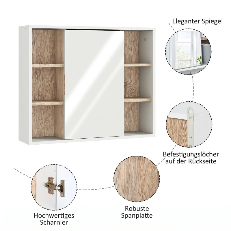 HOMCOM Dulap cu Oglindă din MDF și PAL cu 3 Rafturi Laterale și Raft Reglabil la Interior, 60x14,5x49,4 cm