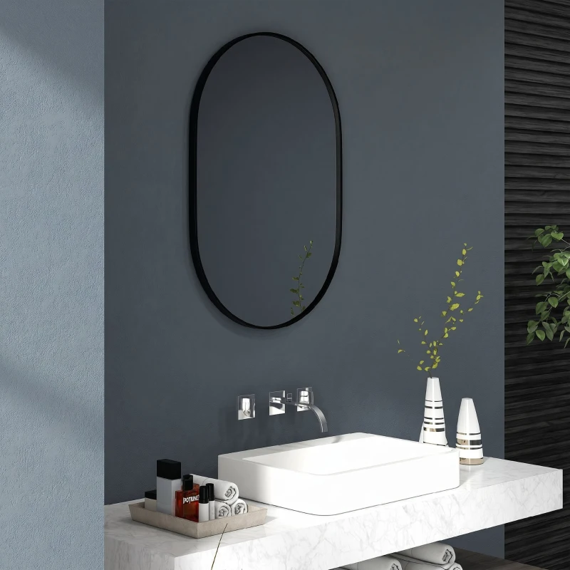 HOMCOM Oglindă de Baie Ovală de Perete cu Ramă din Aluminiu, Verticală sau Orizontală, 60x90cm, Negru