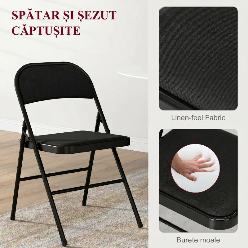 HOMCOM Set de 4 Scaune Pliabile cu Șezut Tapițat din Poliester și Structură din Oțel, Negru