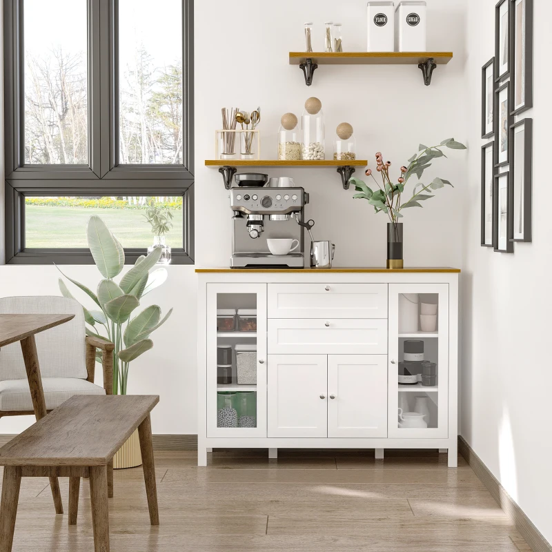 HOMCOM Mobilier de Bucătărie cu 2 Sertare și 3 Dulapuri, Uși din Sticlă și Rafturi Ajustabile, 120x40x90 cm, Alb și Stejar