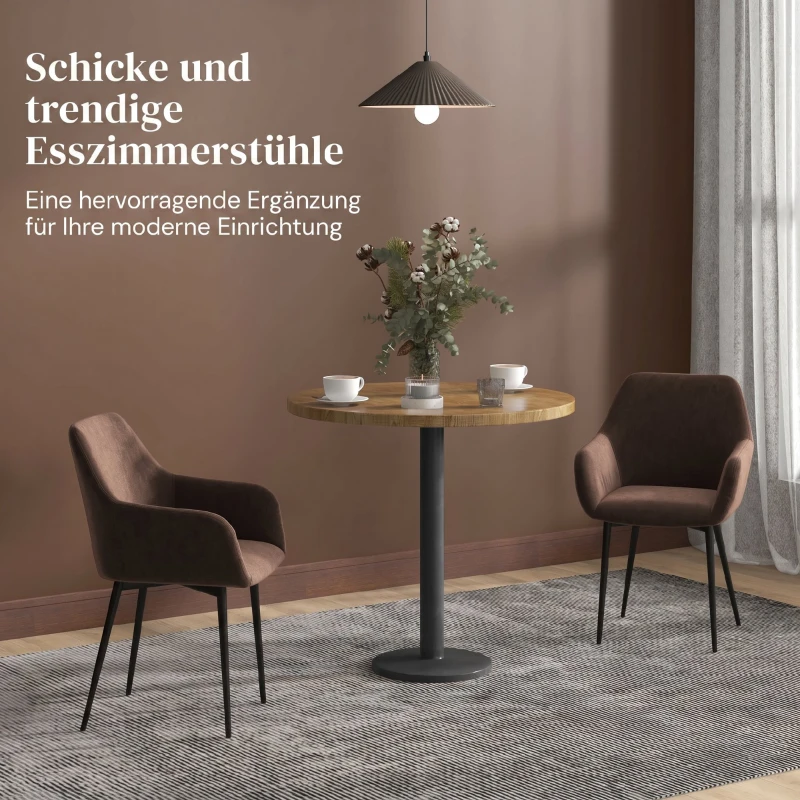 HOMCOM Set 2 Scaune de Dining Nordice Tapițate cu Brațe Curbate din Țesătură cu Efect de Catifea, 54x57x80 cm, Maro