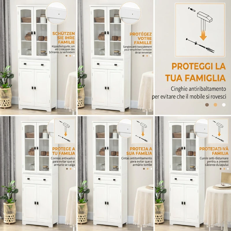 HOMCOM Bufet înalt pentru bucătărie cu 2 dulapuri și sertar, uși din sticlă și rafturi reglabile, 60x30x160cm, alb(m-6)