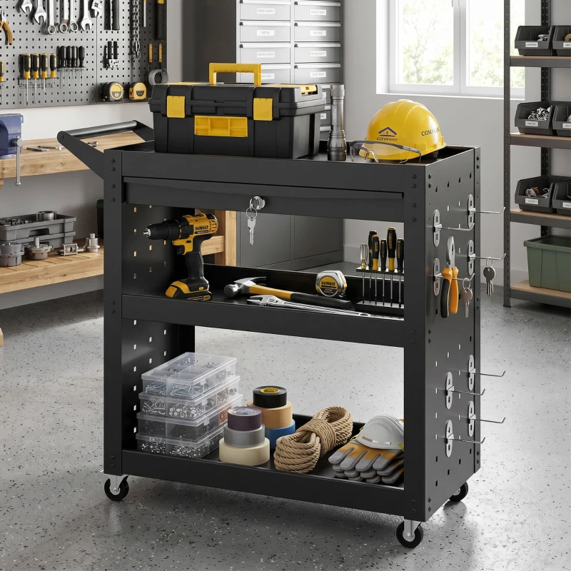 HOMCOM Carrello Portautensili con Ruote Bloccabili, Carrello da Officina Mobile con 3 Livelli, Cassetto e Pannelli Forati, Nero