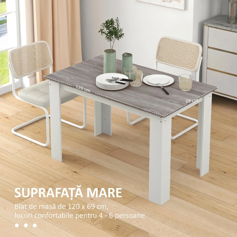 HOMCOM Masă de Luat Masa Modernă din Lemn pentru 4-6 Persoane, 120x69x75cm, Gri și Alb
