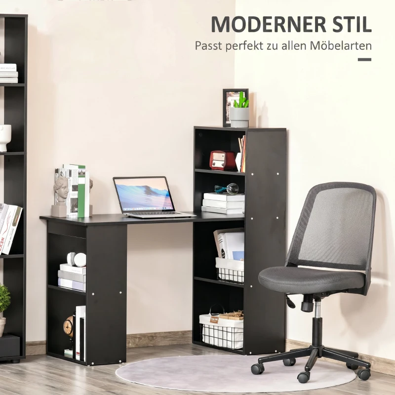 HOMCOM Birou PC din Lemn cu 6 Rafturi Laterale pentru Depozitare, 120x55x120 cm, Negru