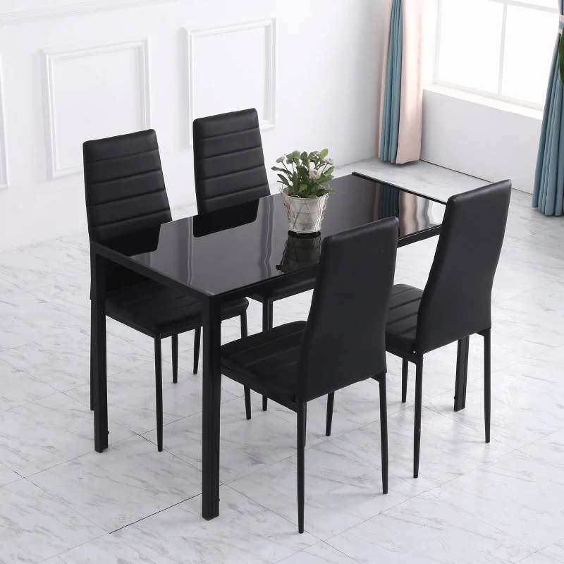 HOMCOM Masă de bucătărie pentru 4 persoane din metal și sticlă temperată, 120x60x75 cm, negru
