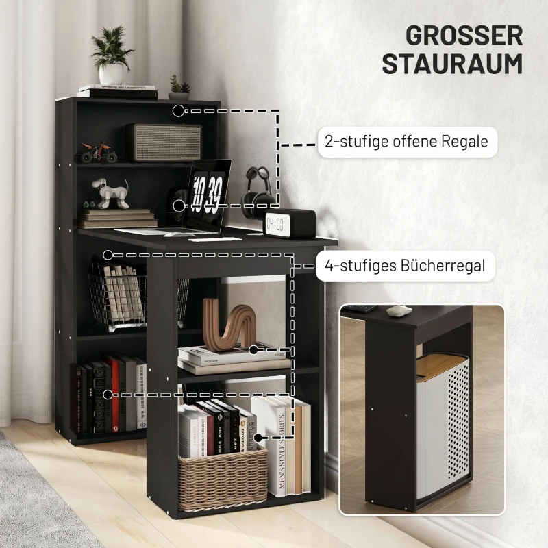 HOMCOM Birou PC din Lemn cu 6 Rafturi Laterale pentru Depozitare, 120x55x120 cm, Negru