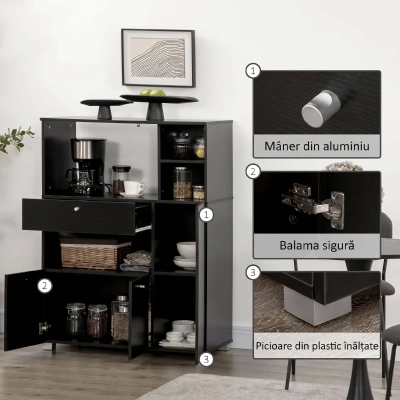 HOMCOM Credență de Bucătărie din Lemn pentru Cuptor cu Microunde cu Dulapuri, Rafturi și Sertar, 90x40x120 cm, Negru
